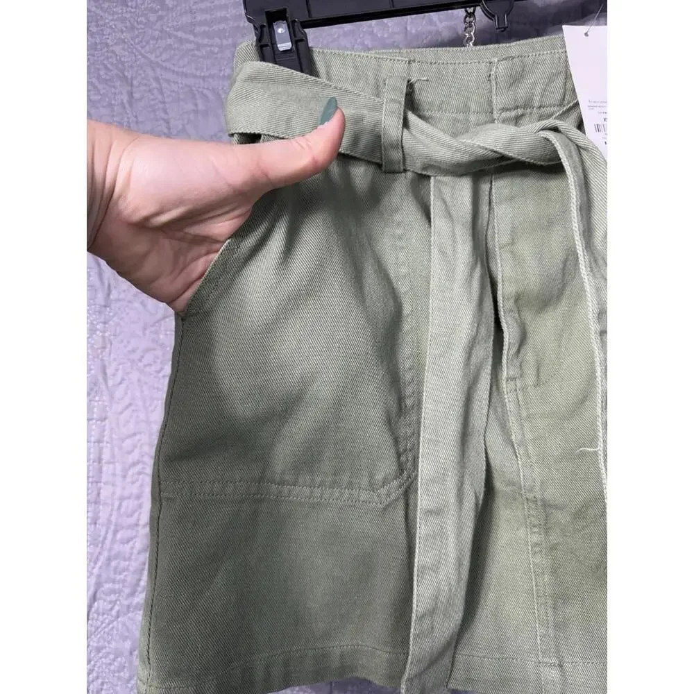 Harper Heritage Mini Skirt Sz XS Green Denim Cotton Belt Bow Pockets Boho Belted